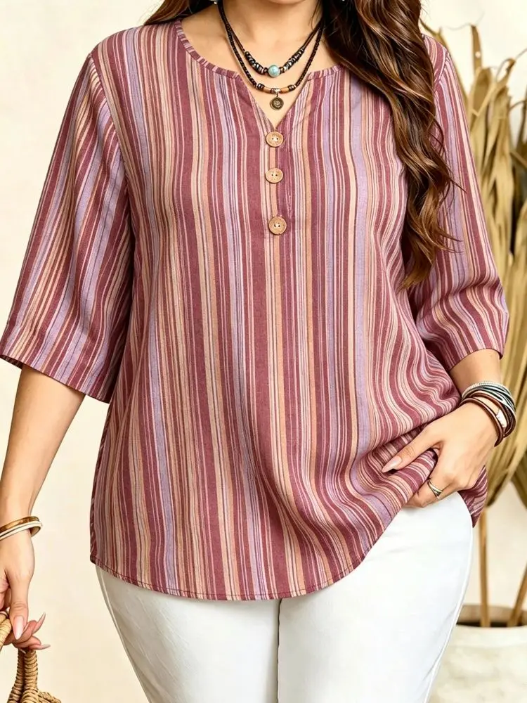 Plus Size Women Print Blouse Notch V Neck 3/4 Sleeve Three Decor Buttons Loose Lightweight Casual Summer Holiday Shirt