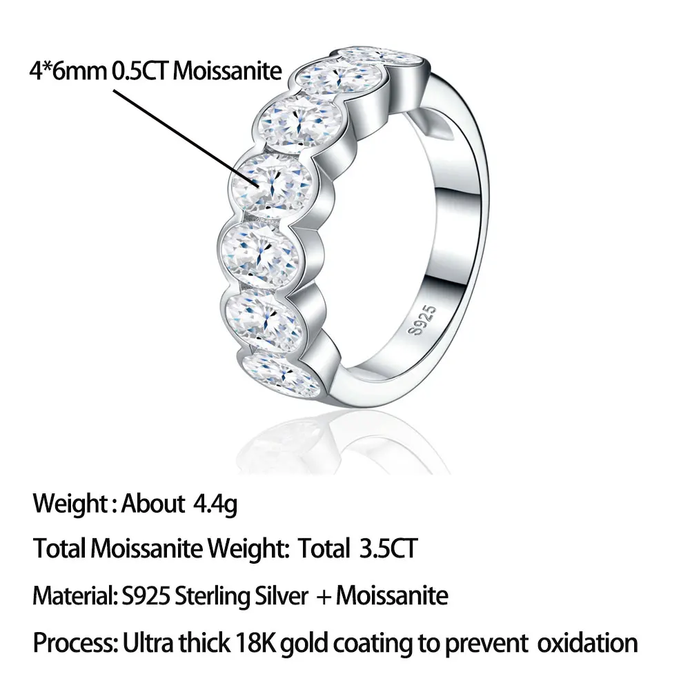 Pretty Beauty Oval Cut Moissanite Half Eternity Ring 925 Silver 3.5CT 7 Stone Diamond Bezel Set Wedding Band for Women Jewelry