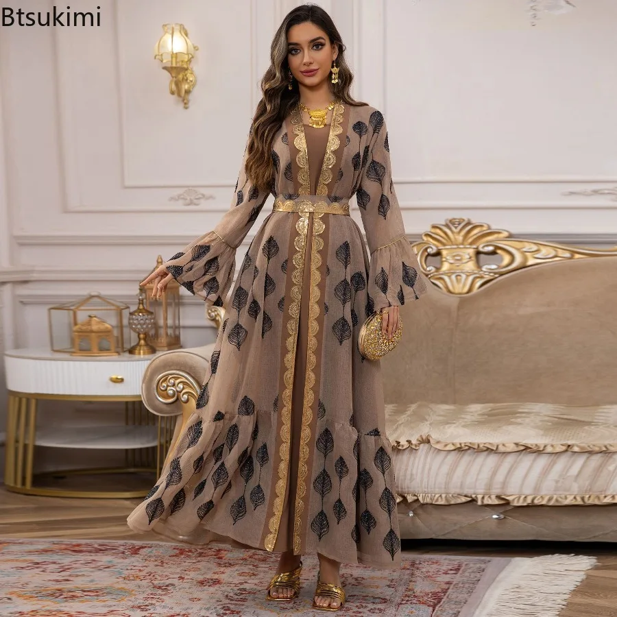 

New Embroidery Evening Dress Women Muslim Sets Sequin Kimono Jalabiya Islamic Abaya Eid Ramadan Gown Open Robe Dress 2 Piece Set