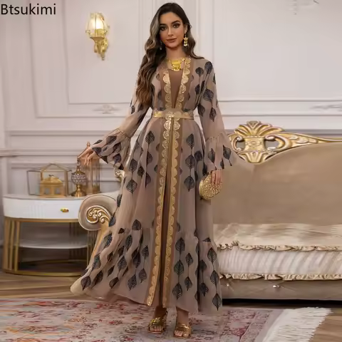 New Embroidery Evening Dress Women Muslim Sets Sequin Kimono Jalabiya Islamic Abaya Eid Ramadan Gown Open Robe Dress 2 Piece Set