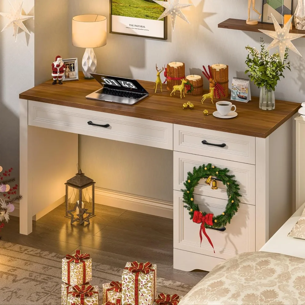 مكتب كتابة ريفي كبير مع مساحة تخزين ودرج ملفات للمكتب المنزلي، أبيض