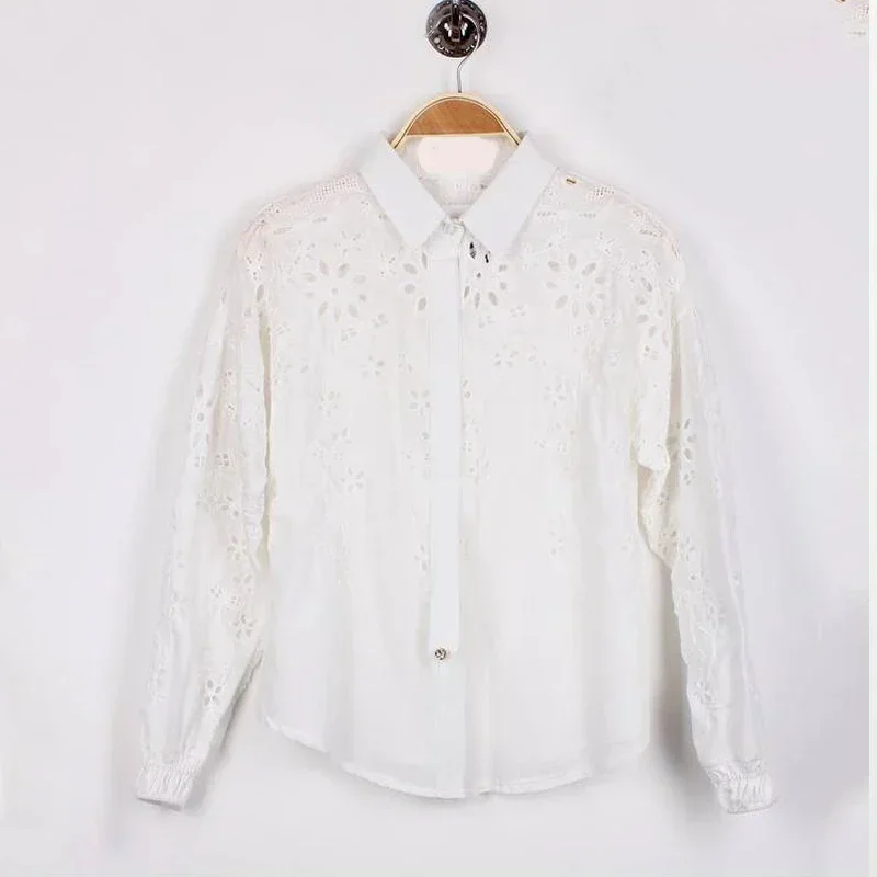 Chemisier en dentelle à revers évidé pour femme, chemise en coton brodé blanc, manches longues, élégant, nouveau, 2023, 30249