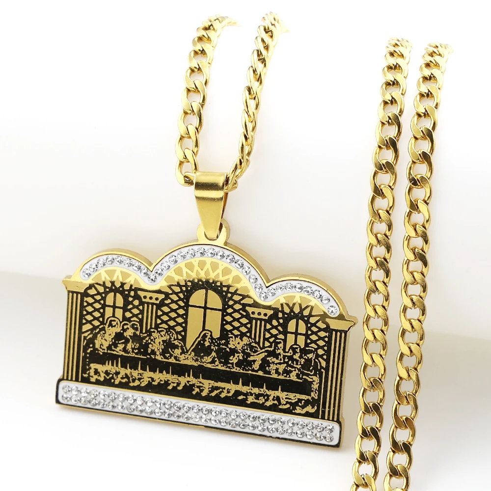 Thirteen Apostles Of Judaism Rhinestones Pendant Necklace Women Men Stainless Steel Gold Color The Last Supper Chain Jewelry