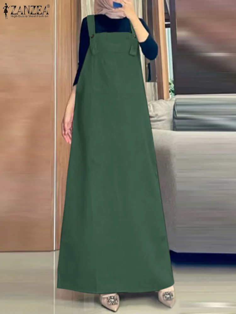 2024 ZANZEA Women Spaghetti Strap Muslim Overalls Dress Vintage Solid Abaya Marocain Sundress Eid Mubarek Hijab Islamic Clothing