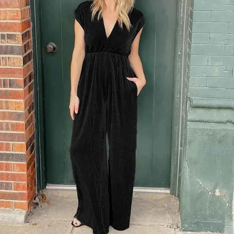 

Women Elegant Wide Leg Pants Overalls Playsuits Casual Sleeveless Velvet Jumpsuit Fashion Sexy V Neck Solid Loose Pocket Romper