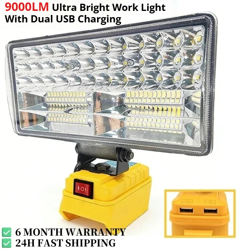 Lanterna de Trabalho LED Sem Fio para Bateria Dewalt 20V, Holofote com Porta USB para Carregamento, Lanterna Portátil para Emergências, Lanterna para Trabalho Automotivo 18V