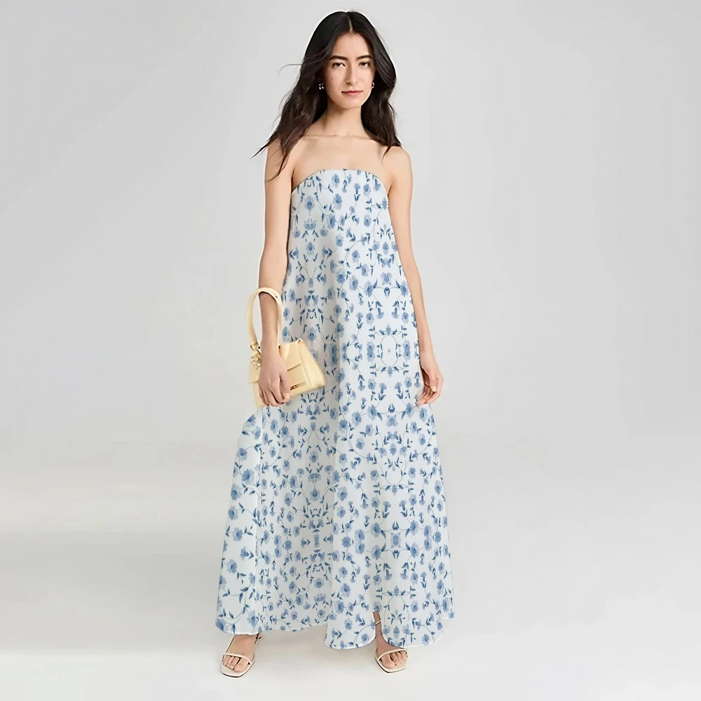 

Flower Print Strapless Long Dress Women Sleeveless Vacation Dresses Female 2024 Spring Summer Female Robe women's clothing