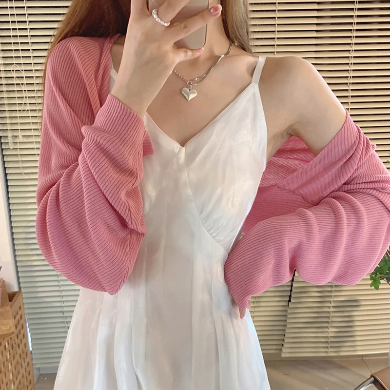 Summer Women Cardigan Solid Color Thin Ice Silk Knit Sunscreen Casual Versatile Shawl Cover-up Cropped Short Small Shoulder Top