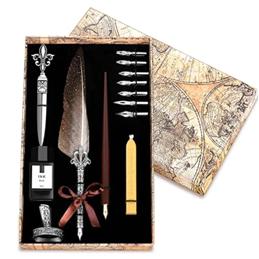 

Набор винтажных чернил для гусиных ручек, ручки для перьев с деревянной ручкой для каллиграфии, включая 7 наборов ручек для каллиграфии разных размеров