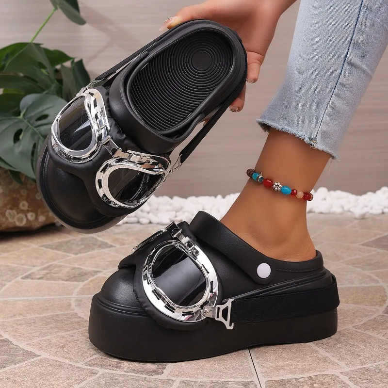 

New Summer Women's Round Closed Toe Comfortable Vintage High Heel Slippers Women Thick Sole Fashionable Beach Casual Sandals