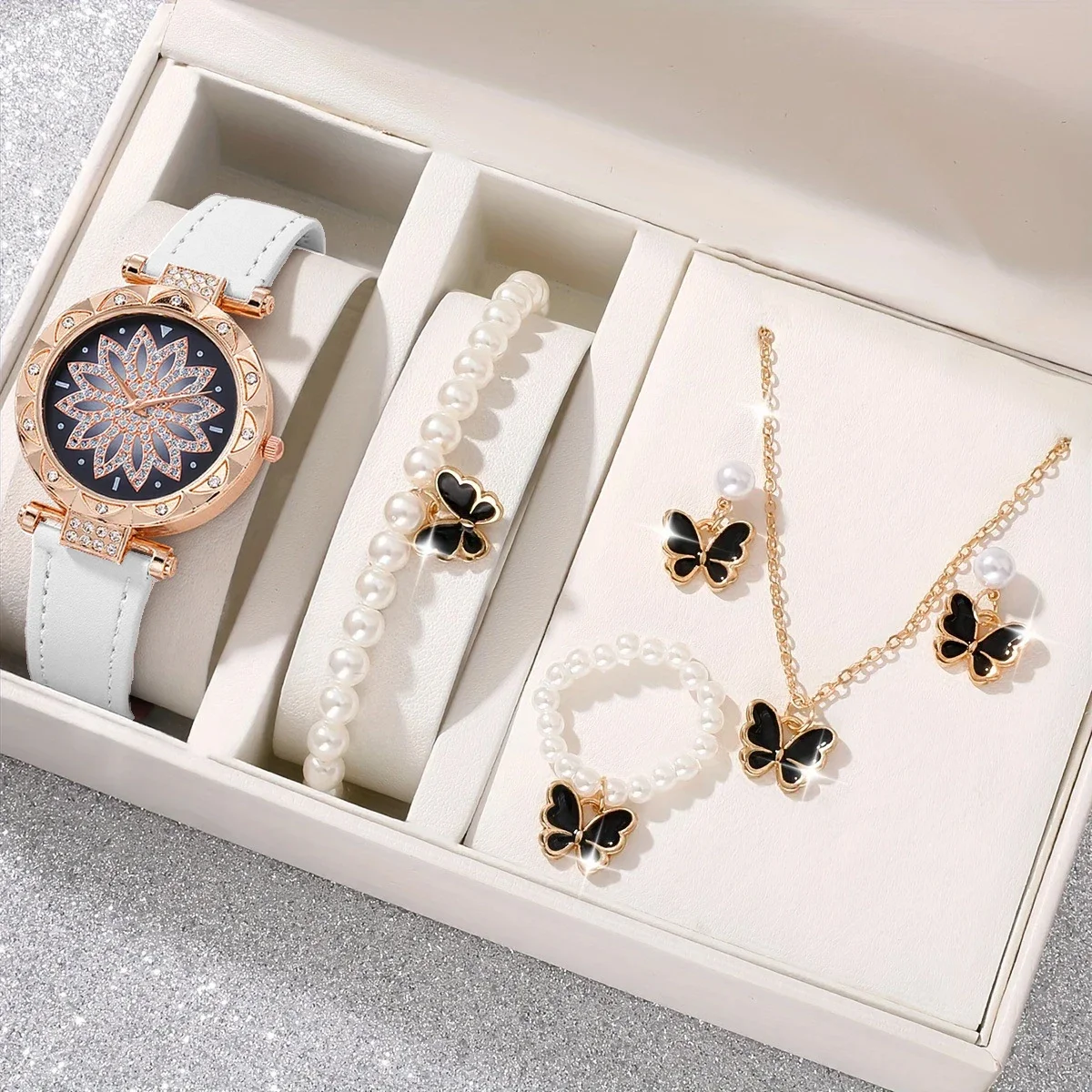 Fashion Trendy Light Luxury Diamond Set Flower Dial Leather Strap Women Quartz Watch Butterfly Jewelry 6 Piece Set for Thanksgiv