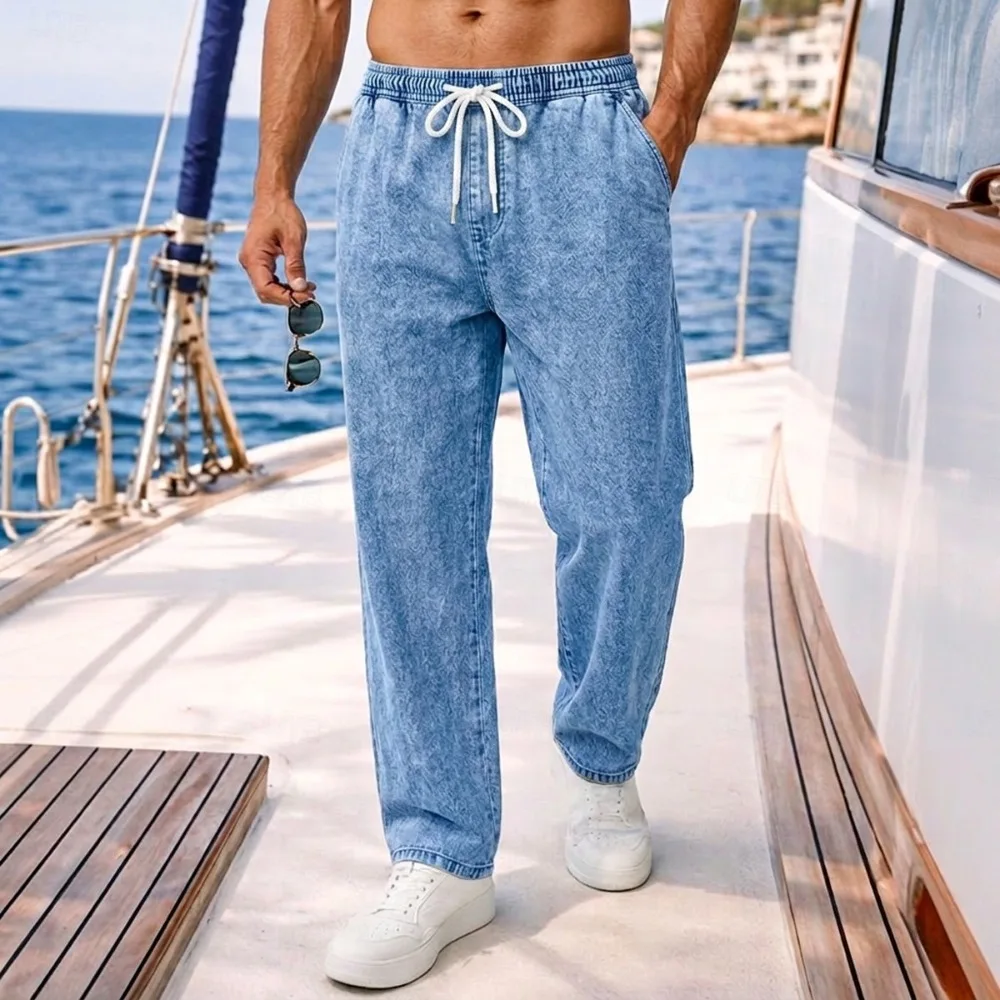 100% Cotton Washed Denim Trousers Mens Spring Summer Dropped Straight Jeans Vintage Solid Color Slim Lace-up Men Jean Bottoms