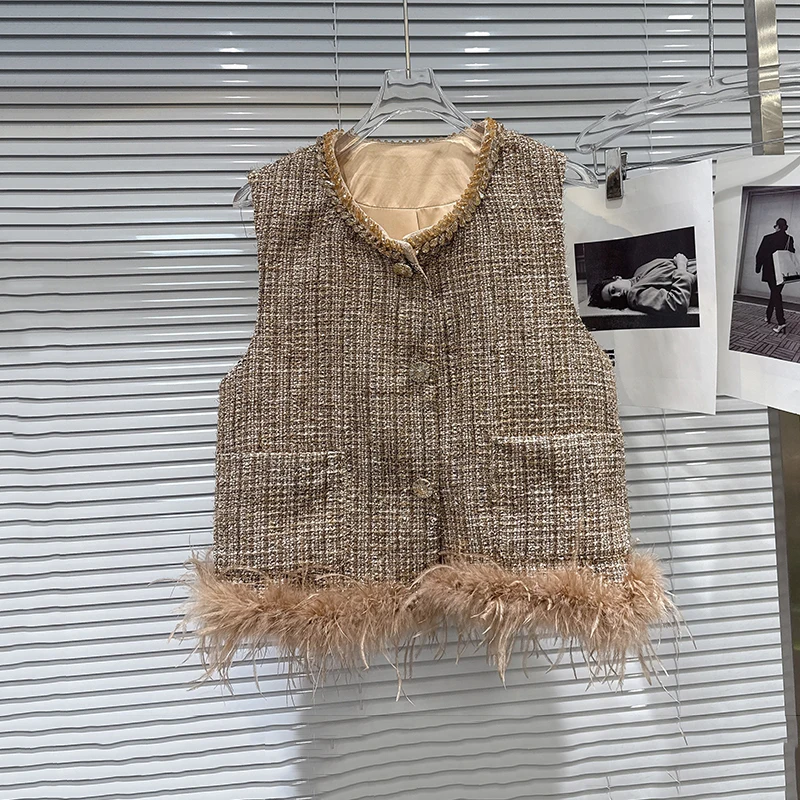 

Осень-зима, роскошный твидовый хлопковый жилет с бриллиантами, женский однобортный жилет с круглым вырезом, женский жилет без рукавов с карманами и бисером