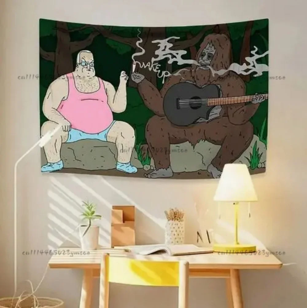 Funny Flags Tapestry Bigfoot and Man With Guitar Cartoon Meme Wall Tapestries Humorous Home Decor Backdrop Cloth Wall Art Decor