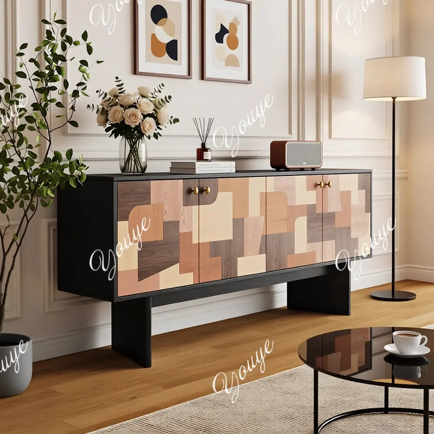 B XM French Living Room Cabinet Retro Solid Wood Vientiane TV Cabinet Storage Cabinet Living Room Color Blocking Medieval Style
