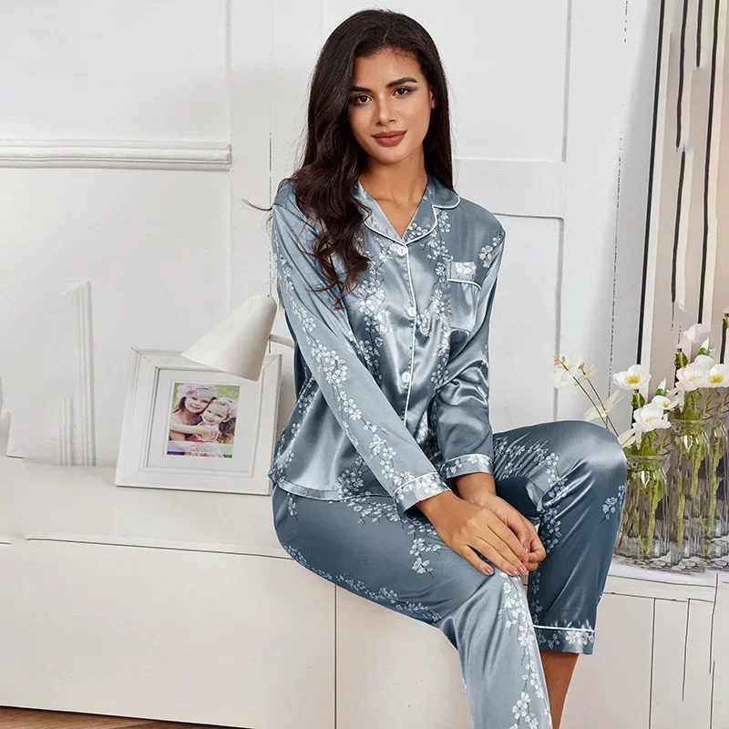 Spring Autumn pajama women Silk Satin pajamas set Long sleeve Shirt with Trouser Sleepwear Loungewear Female Pyjamas Suits Mujer