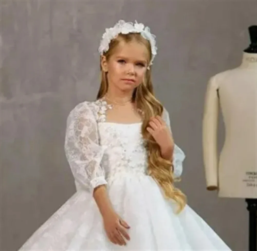 Robe de fille en tulle moelleux blanc avec appliques en dentelle, fleur de luxe, robe de fête d'anniversaire pour enfant, cadeau de mariage, première main, chariste