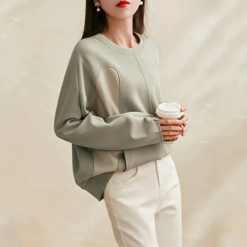 

Женская толстовка с круглым вырезом, весна-осень, с цветными вставками, модная, облегающая, универсальная, с длинными рукавами, пуловер