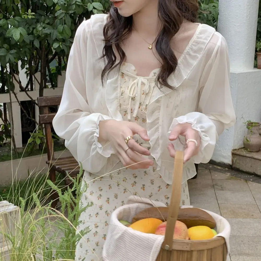 Retro Chiffon Female Wraps Scarves Wrapped Ruffle Long Sleeves Korean Style Shawl Short Top Coat Lace Cardigan Sunscreen Shawl