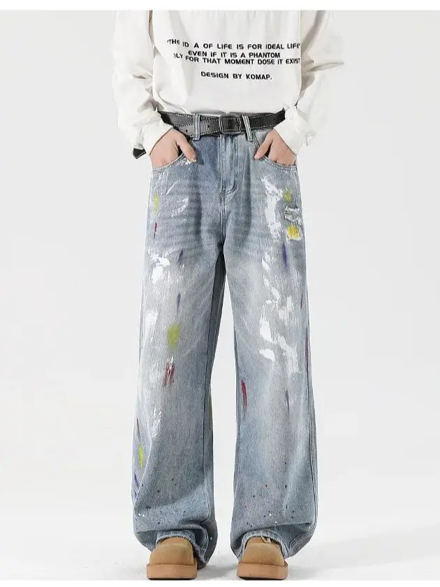 American Vintage Niche Design Graffiti Jeans Men's and Women's Loose Straight Mid Waist Dragging Pants