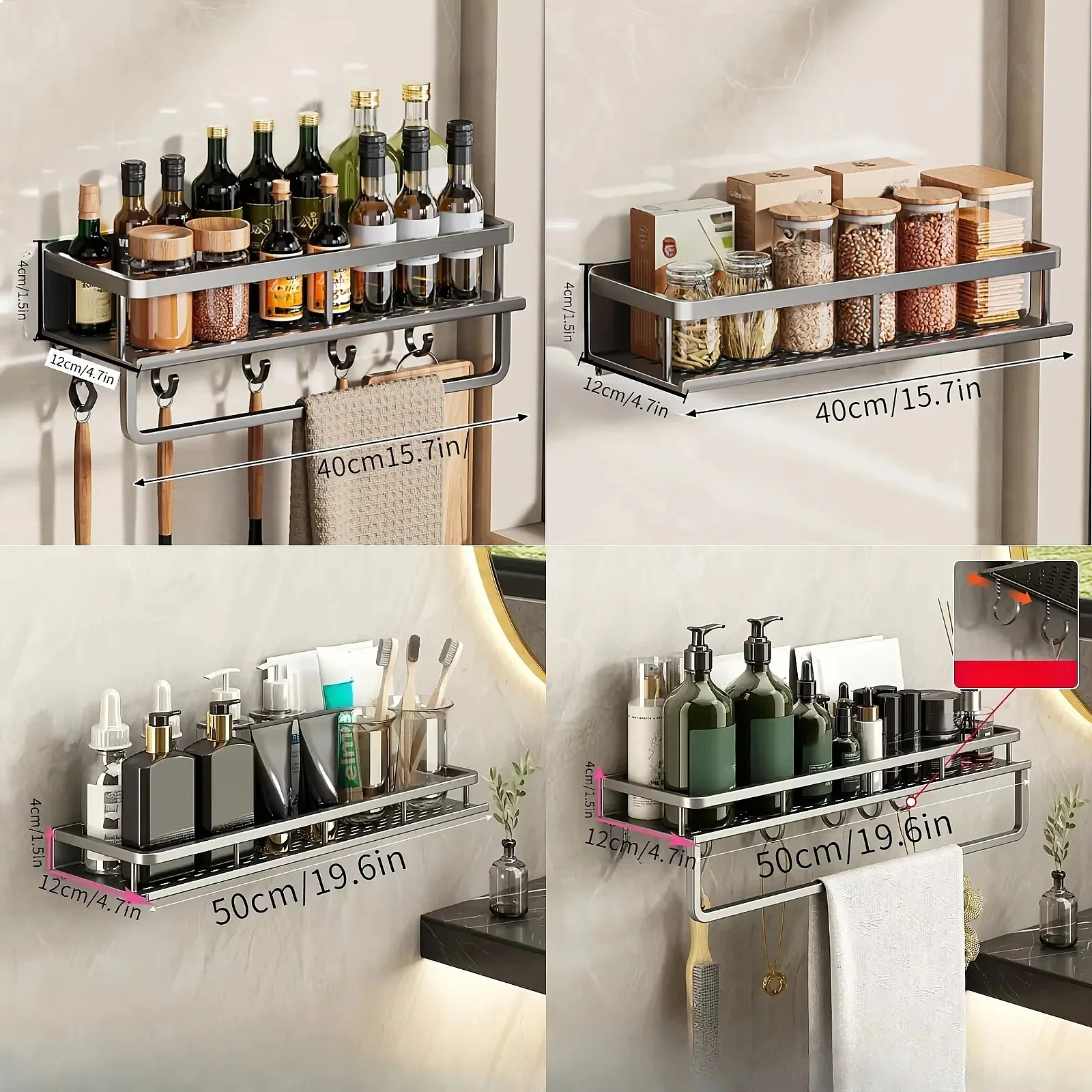 Shower Shelf No Drill Wall Mount with Removable Hook Self-Adhesive Quick Drain Shelf for Bathroom and Kitchen Bathroom Shelf