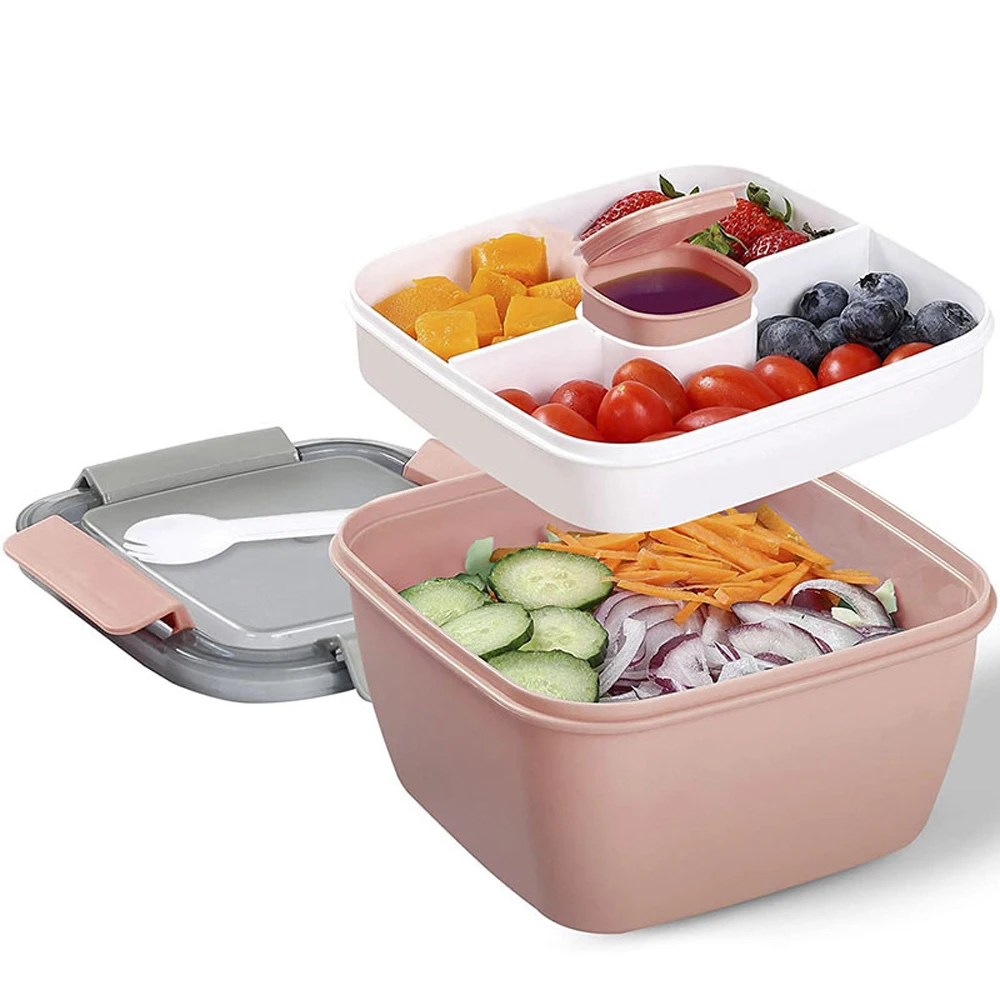 1500mL Portable Lunch 2 Layer Box Bento Box with 4 Compartments Leak Proof Lunchbox Microwave Safe Salad Preservation Box