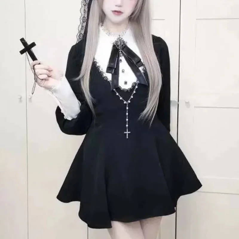 Japanese Gothic Lolita Style Bow Dress Shorts Set Women Vintage Sweet Long Sleeve Button Shirt Dresses Y2k Dark Slim Mini Dress