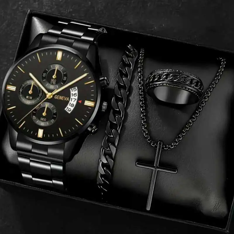 4PCS Business Men's Gift Box Watch Set Fashion Trend Quartz Watch Bracelet Necklace Ring Set Perfect Gift Set for Friends or Dad