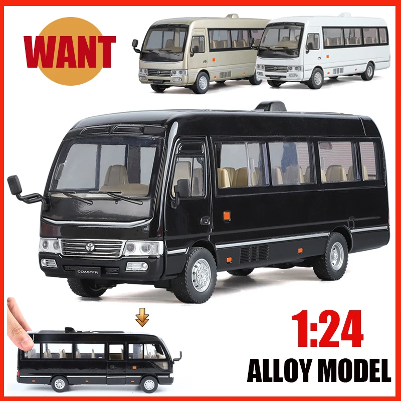 

1:24 Toyota Coaster BUS Alloy Passenger Commercial Car Diecast Metal High End Model Sound Light Pull Back Christmas Kid Gift Dec