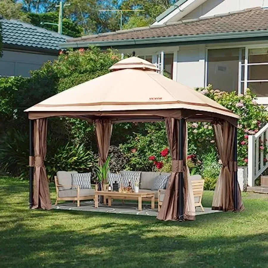Patio Gazebo for 12 People Metal Fe with Mosquito Netting PU Coated 180G Polyester Outdoor  Shelter in Beige for Backyard Lawn