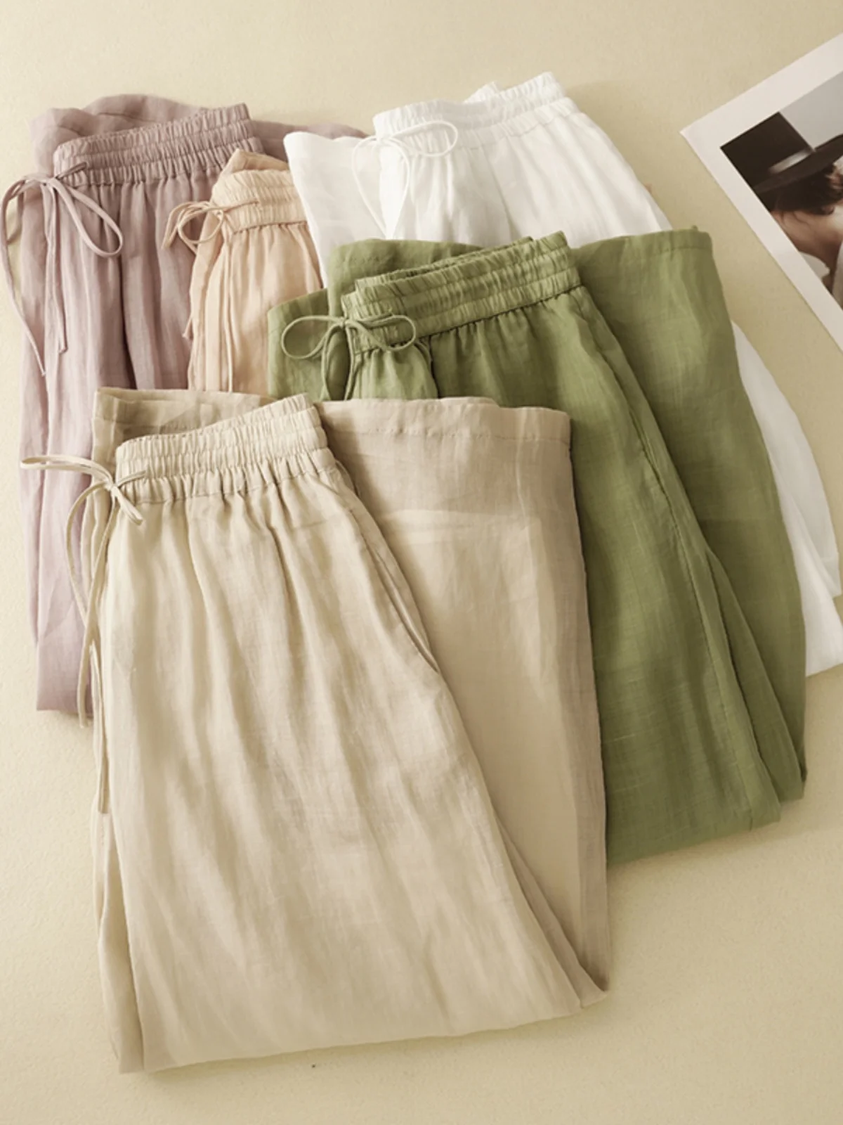 Dubbellaagse broek met wijde pijpen Dames losse comfortabele casual broek Elastische taille Katoen-linnenmix Negenpuntslengte