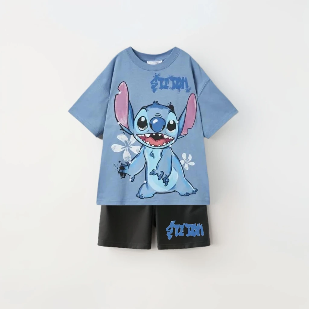 

Комплект футболок с героями мультфильмов Disney Stitch, летняя одежда, топ с короткими рукавами для маленьких мальчиков, шорты, повседневный спортивный комплект футболок для детей 1-6 лет