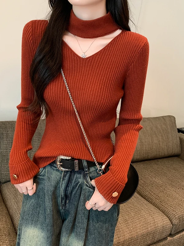 

Women's V-Ne Hollow out Knitwear Ne Hanging Autumn Winter Faion Design Base irt Inner Wear Top Soft Polyester Fiber