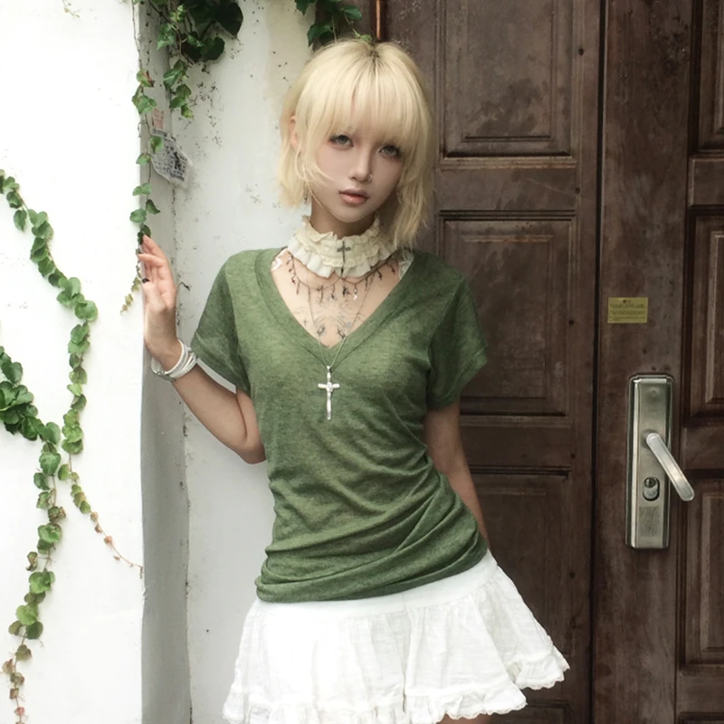 Karrram Japanese Y2k Green Knitted T-shirt Trashy 2000s Style V-neck Top Vintage Harajuku Short Sleeve Tee Shirt American Retro image 6