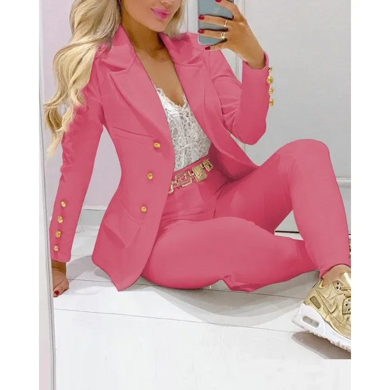 2024 Women Two Piece Clothes Set Spring Summer Solid Color Cardigan Single-Breasted French Casual Suit Jacket Skinny Pants