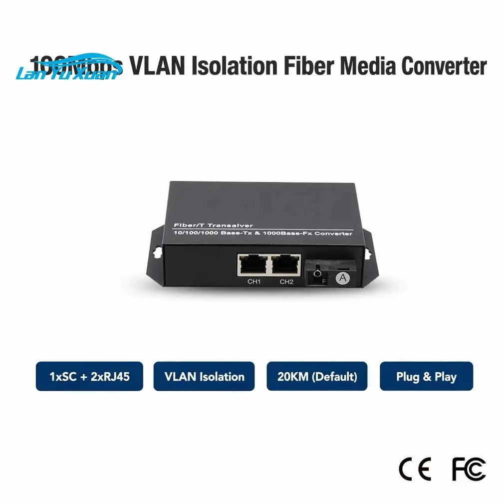 100Mbps Fiber Media Converter 1 SC 2 RJ45 VLAN Isolation Optic Transceiver 20KM Single Mode 1310/1550nm for CCTV Security