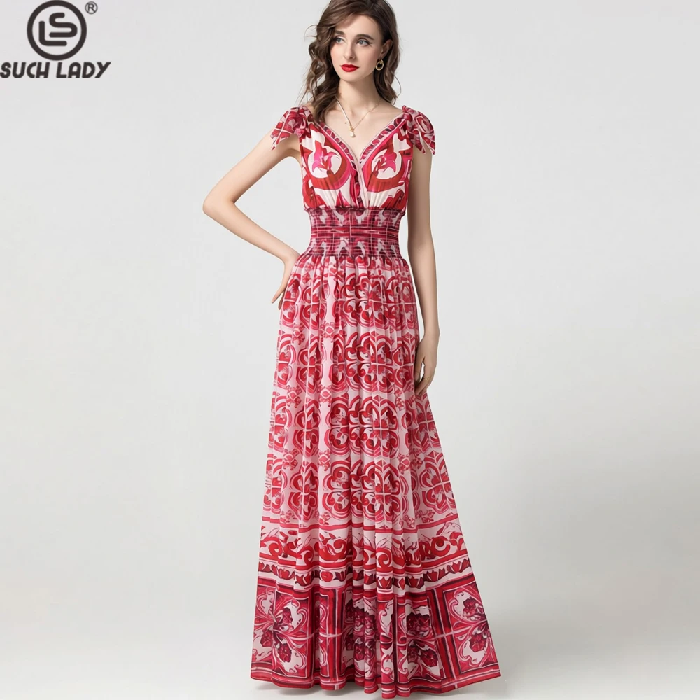 

Women's Red & White Floral Print Maxi Dress - V Neck with Bow Shoulder, Elastic Waist Summer Vacation Holiday Vestidos