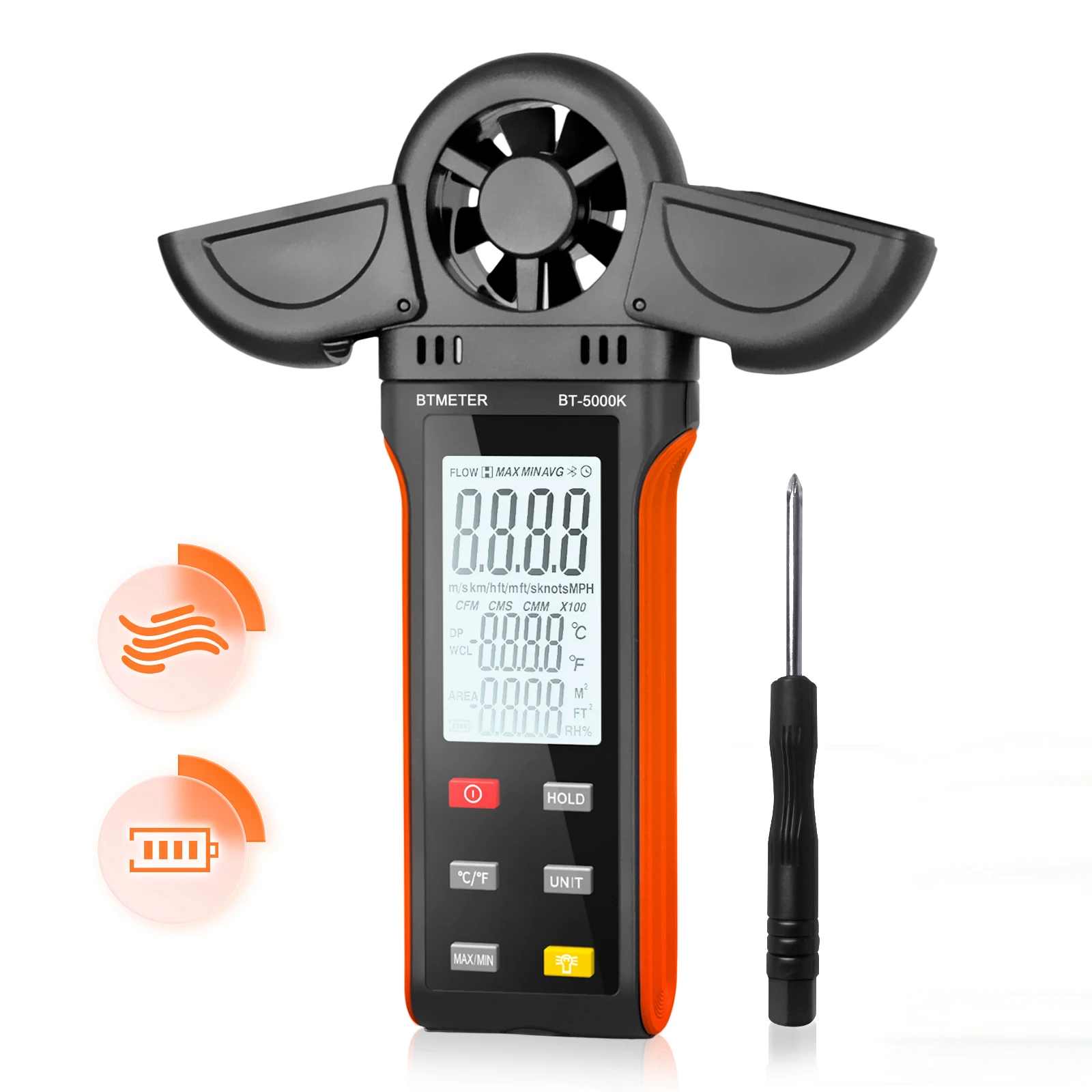 Imagem -02 - Anemômetro Externo Digital Bt5000k Medidor de Velocidade do Vento 67 Mph Alta Velocidade Luz de Fundo Retenção de Dados