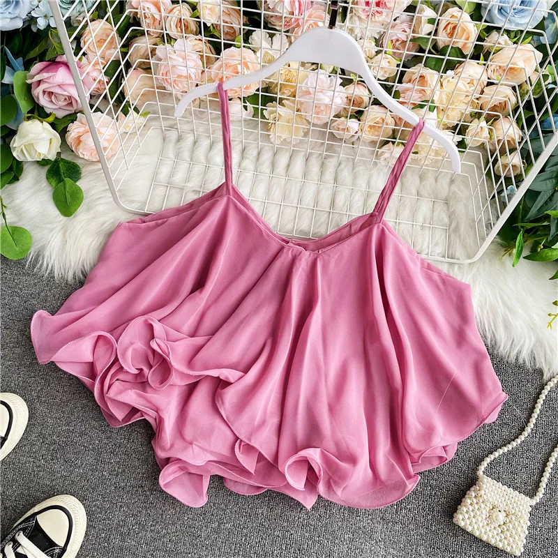 

Summer New Sweet Fre Sle Svel V-Ne Pure Color Ruffle Hem Chiffon Tank Top Korean Sle Commute Faion Women's Top
