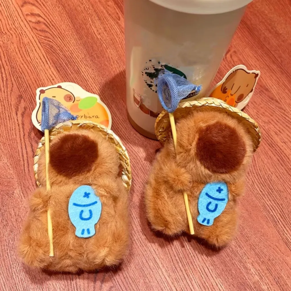 จับปลา Plush Capybara กระเป๋าจี้ตุ๊กตาตกปลาสุทธิ Plush Capybara Key แหวนตลก PP ผ้าฝ้ายการ์ตูนสัตว์พวงกุญแจ