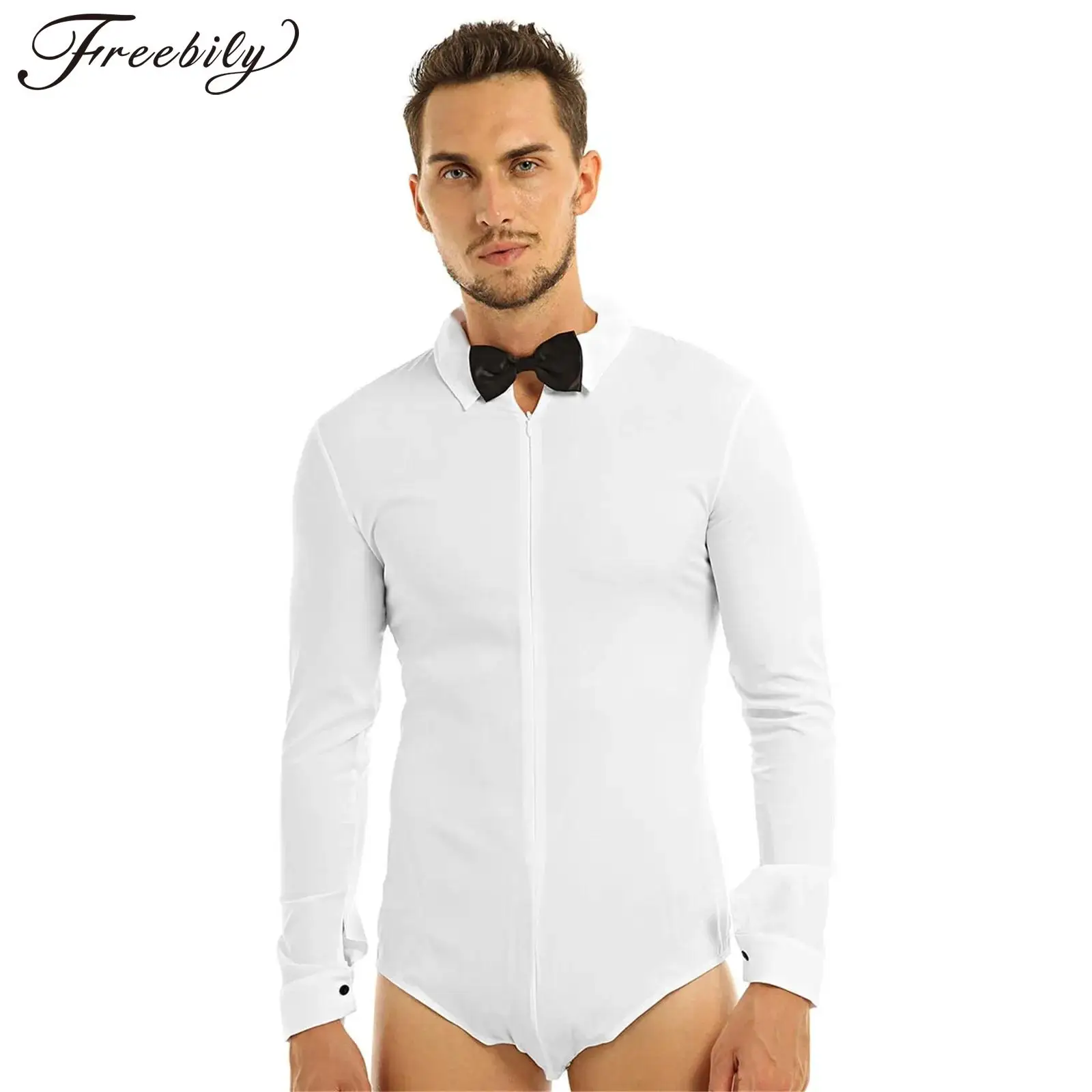 Bodysuit masculino de dança latina com zíper, mangas compridas, macacão de peça única, macacão, camisas com gravata borboleta