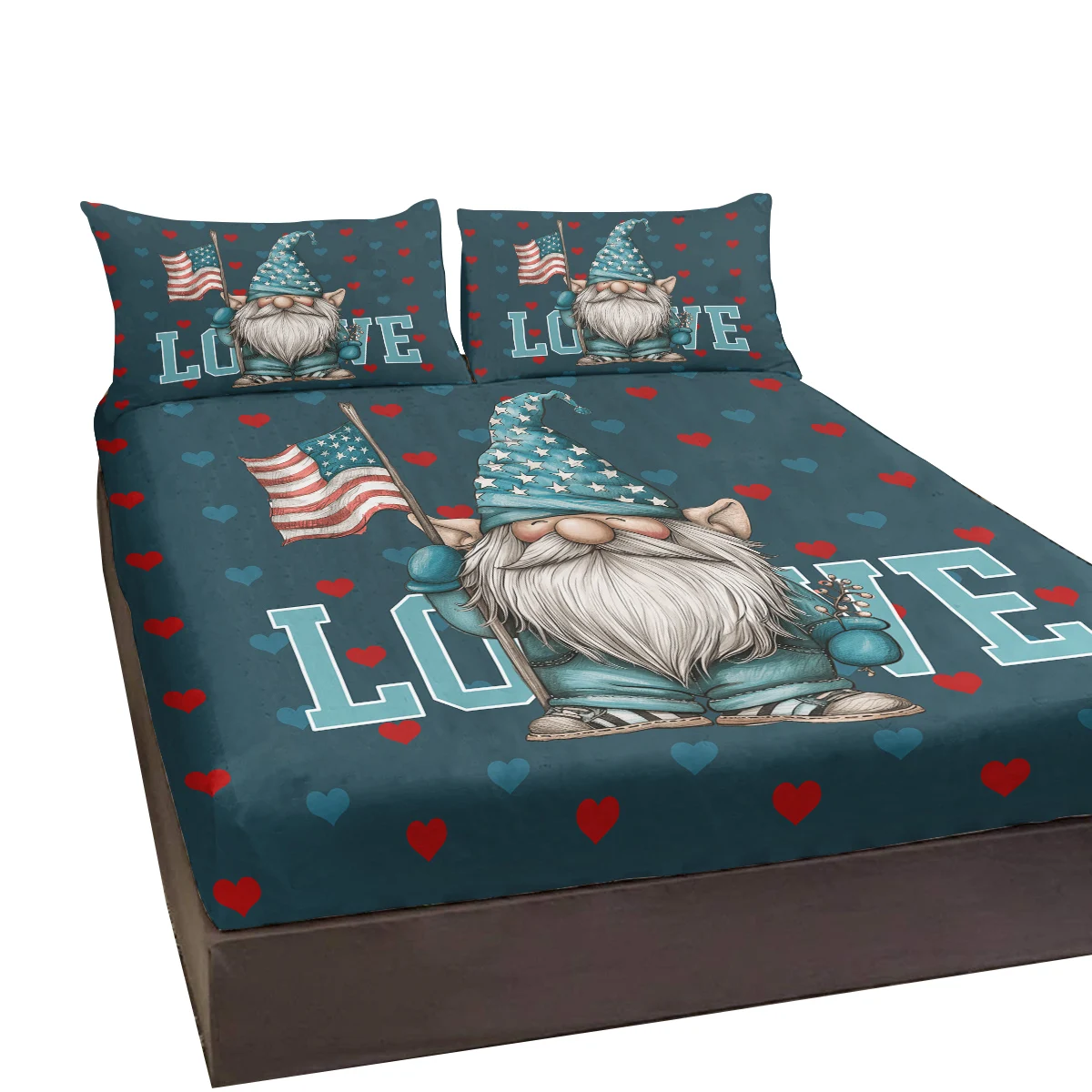 Set di lenzuola con motivo bandiera americana cappello blu stelle Set di lenzuola comode e traspiranti con stampa di barba bianca per uomo anziano 3 pezzi