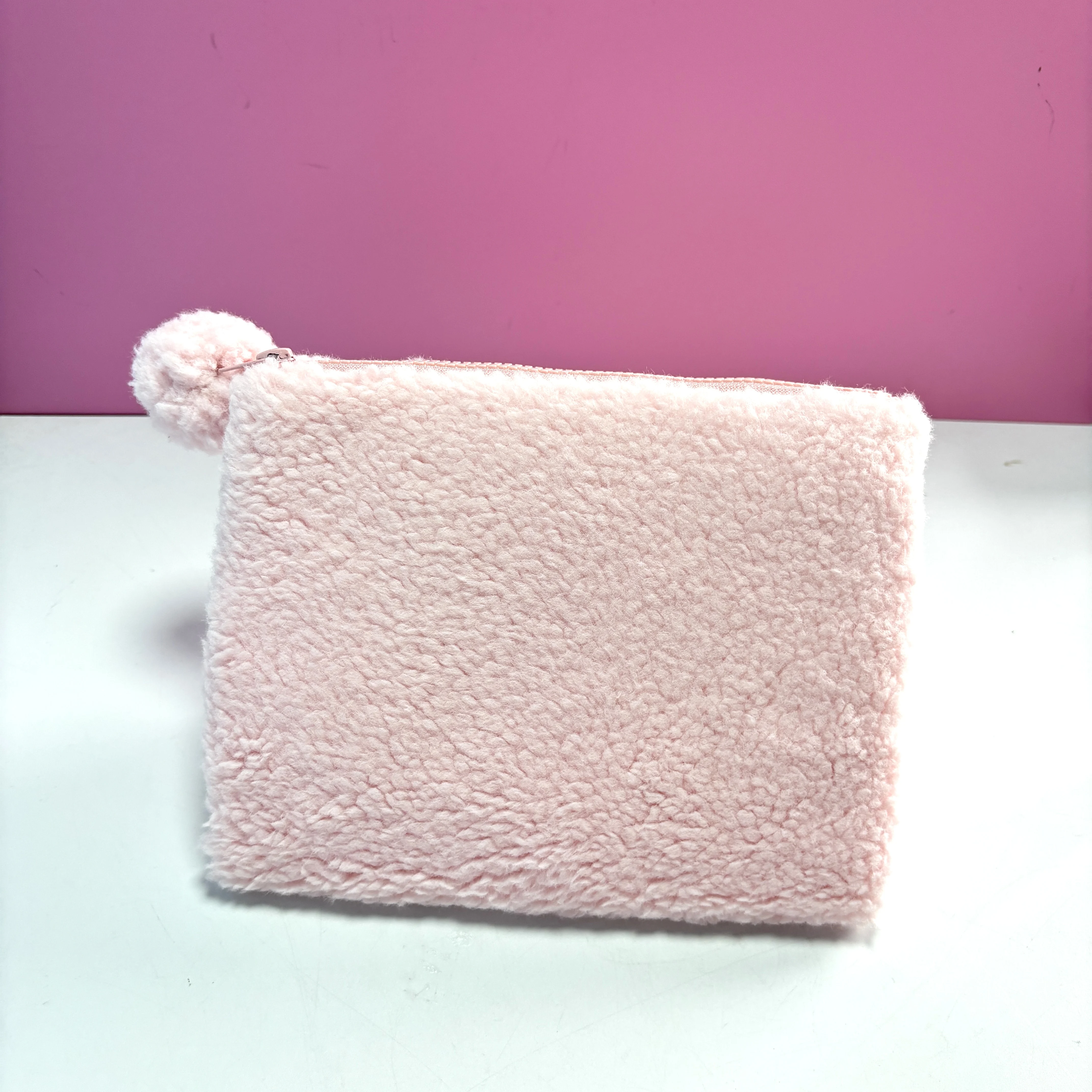 Cute Pink Fluffy Bear Zipper Pouch, Soft Plush Cosmetic Bag for Makeup Storage, Portable Travel Pouch