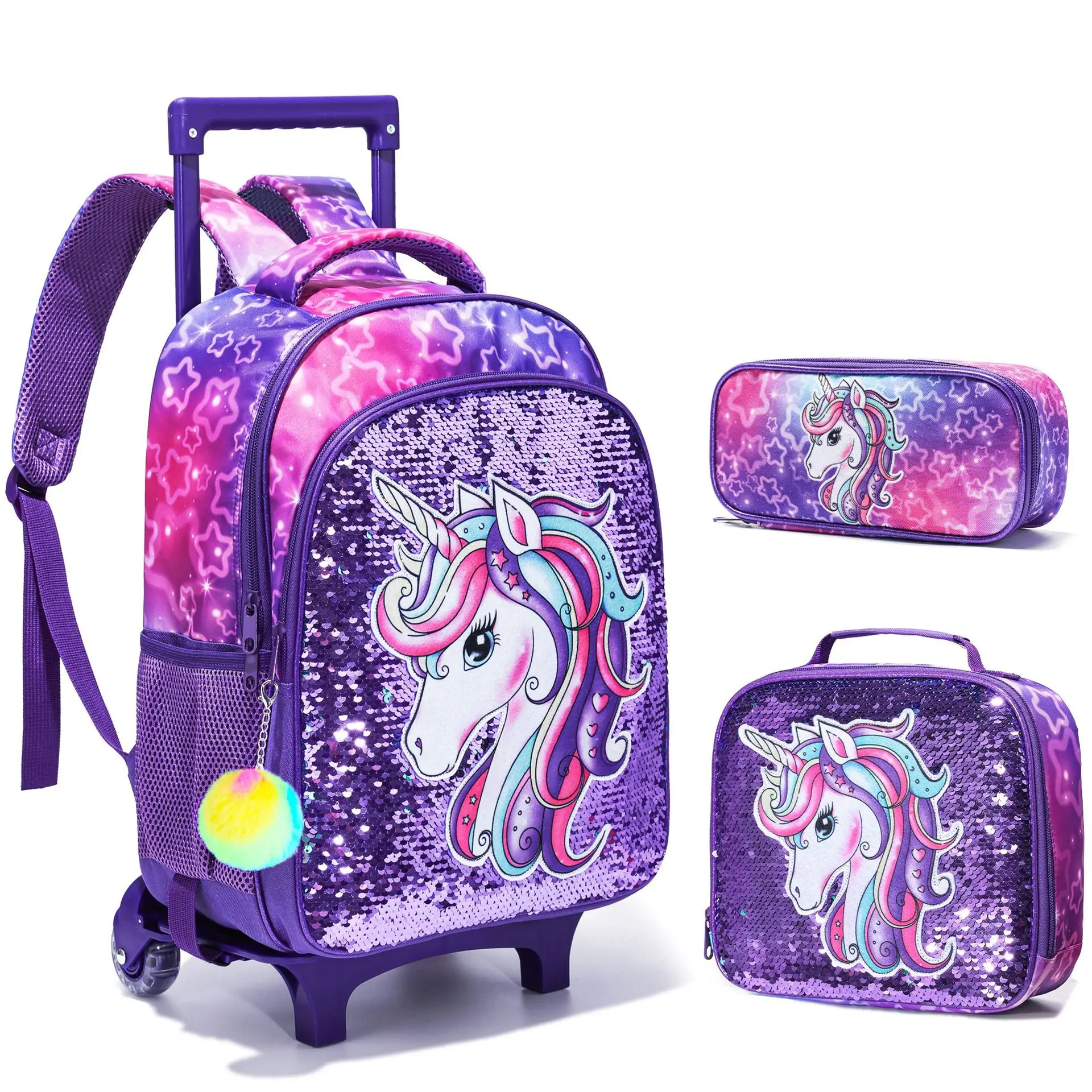 Primary School Student School Trolley Bags Set with Lunch Bag Pen bag Travel Trolley Bag for Girls Rolling Luggage Suitcase