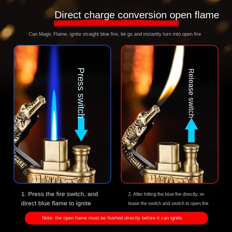 2024 3D Relief Dragon Crocodile Double Fire Lighter Metal Windproof Jet Fire Open Fire Conversion Gas Lighter Smoking Men\'s Gift