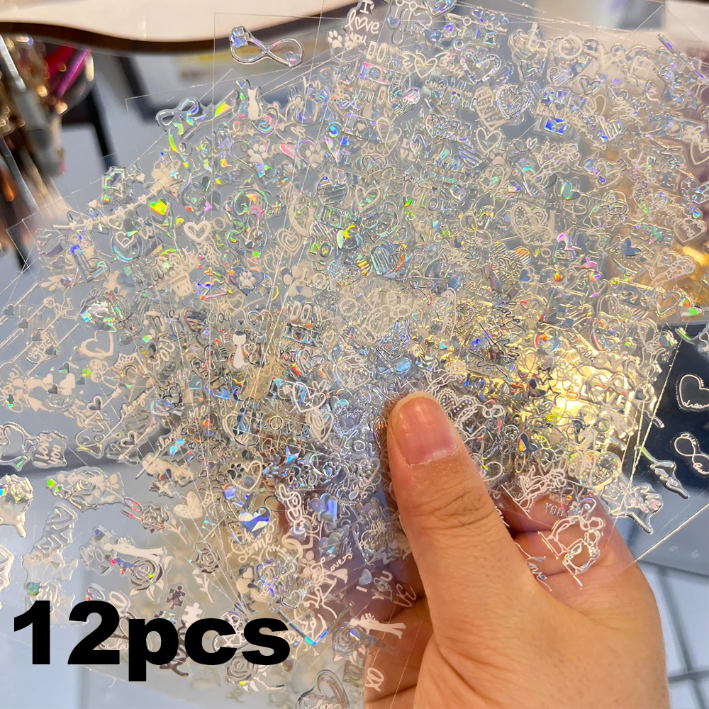 12 ピース/セットレーザースライバーバレンタインデーネイルステッカー 3D ハート/弓/唇/キス/愛ネイルデカール女性のためのマニキュア装飾スライダー