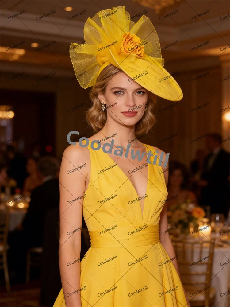 

Women Gorgeous Yellow Fascinator Hats Women Ladies Cocktail Pillbox Cap With Mesh Women Wedding Party Wedding Derby Headwear
