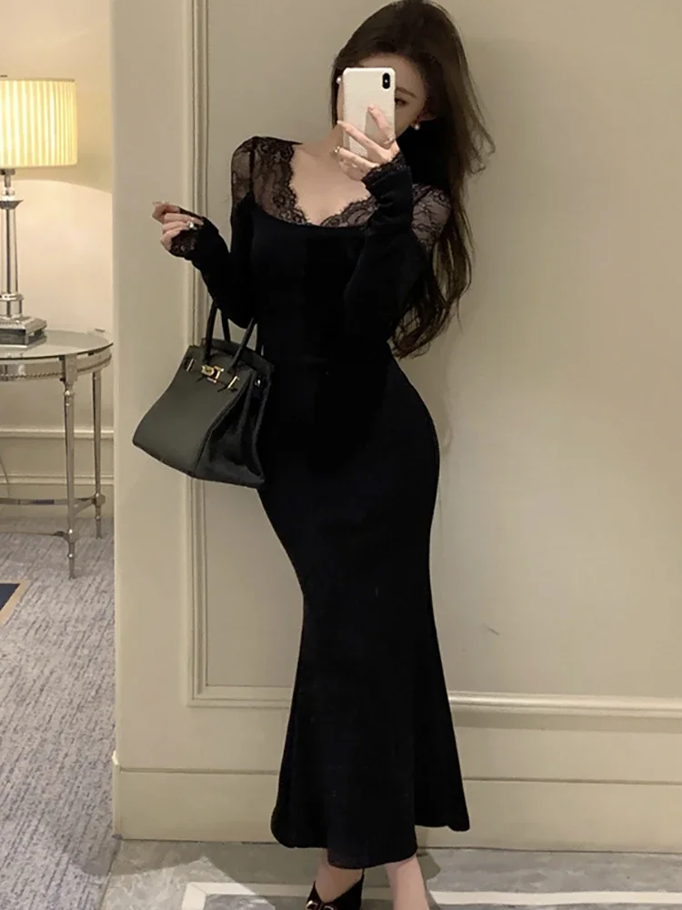 Women Korean Vintage Bodycon Party Dress Autumn Winter Black Patchwork Lace Hollow Out Sexy Dress 2024 Elegant Luxury Prom Dress