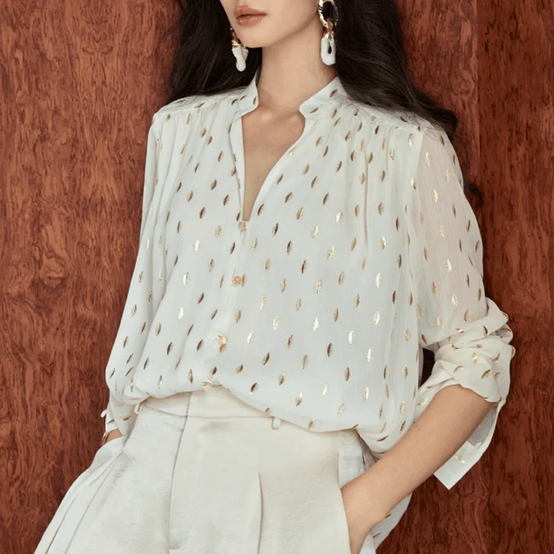 

Women Spring Long Sleeve Blouse Golen Polka Print Vintage Blusas Feminina Shirts Office Ladies Tops Blouses Shirts NZ142