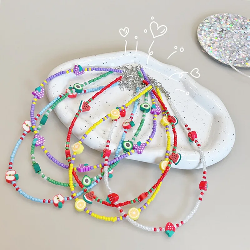 Y2k Frucht weiche Keramik Traube Erdbeere handgemachte Perlen Choker Halskette für Frauen Kinder Schmuck niedlichen 1920er Jahre Emo Accessoires